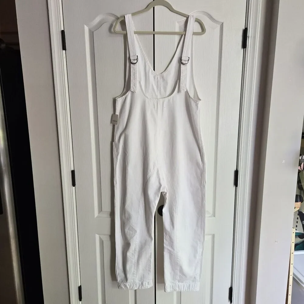 NWT Free People High  Roller Denim Jumpsuit Overalls Optic White Women's Large - Picture 3 of 7